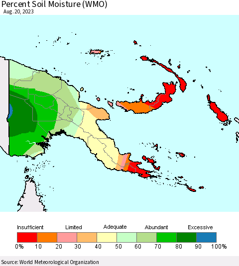 Papua New Guinea Percent Soil Moisture (WMO) Thematic Map For 8/14/2023 - 8/20/2023