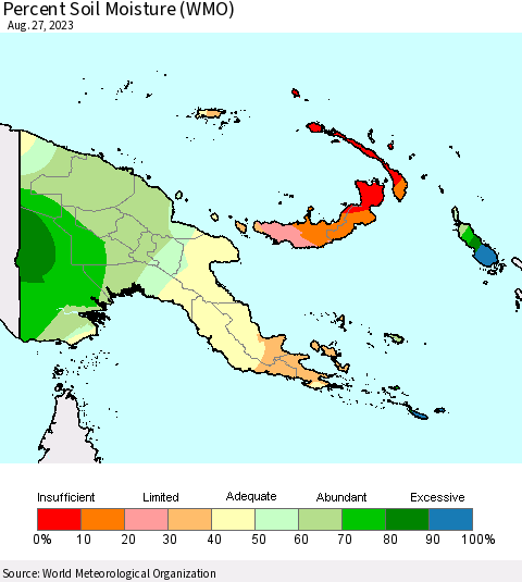 Papua New Guinea Percent Soil Moisture (WMO) Thematic Map For 8/21/2023 - 8/27/2023
