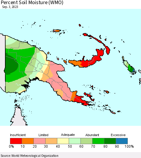 Papua New Guinea Percent Soil Moisture (WMO) Thematic Map For 8/28/2023 - 9/3/2023
