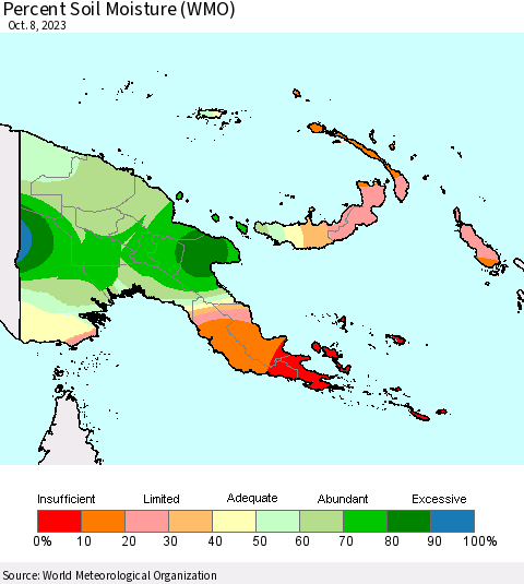 Papua New Guinea Percent Soil Moisture (WMO) Thematic Map For 10/2/2023 - 10/8/2023