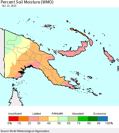 Papua New Guinea Percent Soil Moisture (WMO) Thematic Map For 10/9/2023 - 10/15/2023