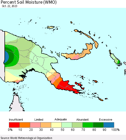 Papua New Guinea Percent Soil Moisture (WMO) Thematic Map For 10/16/2023 - 10/22/2023