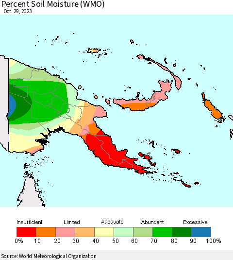 Papua New Guinea Percent Soil Moisture (WMO) Thematic Map For 10/23/2023 - 10/29/2023