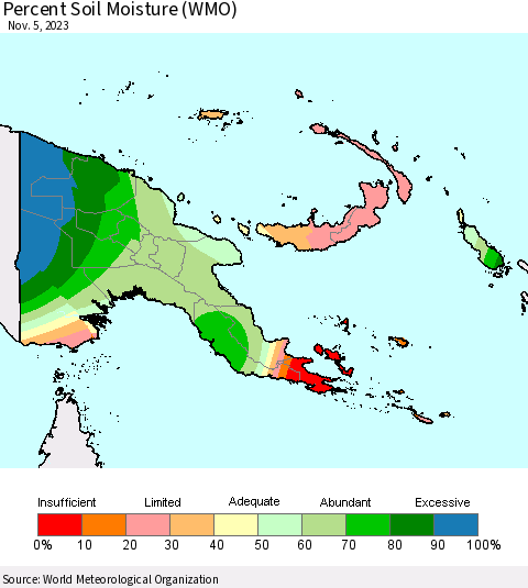 Papua New Guinea Percent Soil Moisture (WMO) Thematic Map For 10/30/2023 - 11/5/2023