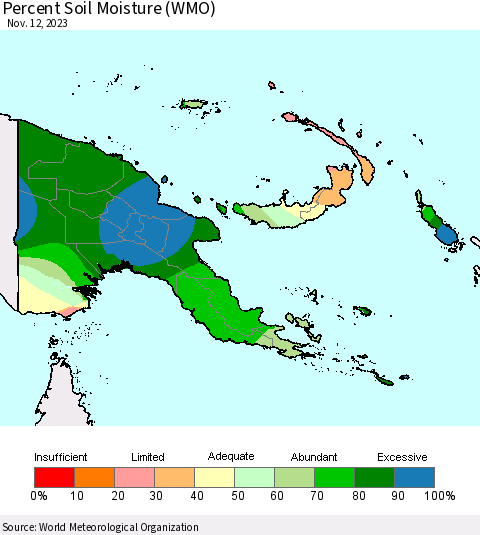 Papua New Guinea Percent Soil Moisture (WMO) Thematic Map For 11/6/2023 - 11/12/2023