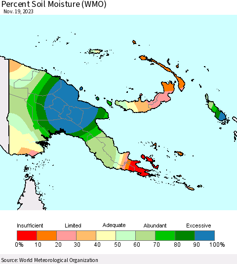 Papua New Guinea Percent Soil Moisture (WMO) Thematic Map For 11/13/2023 - 11/19/2023