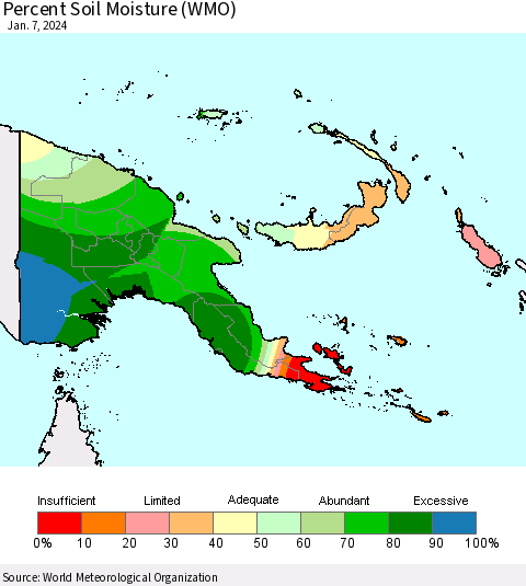 Papua New Guinea Percent Soil Moisture (WMO) Thematic Map For 1/1/2024 - 1/7/2024