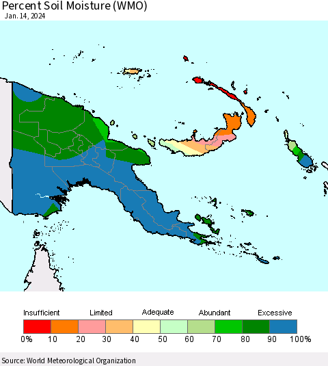 Papua New Guinea Percent Soil Moisture (WMO) Thematic Map For 1/8/2024 - 1/14/2024