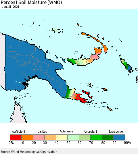Papua New Guinea Percent Soil Moisture (WMO) Thematic Map For 1/15/2024 - 1/21/2024