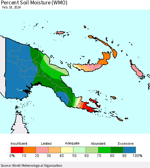 Papua New Guinea Percent Soil Moisture (WMO) Thematic Map For 2/12/2024 - 2/18/2024