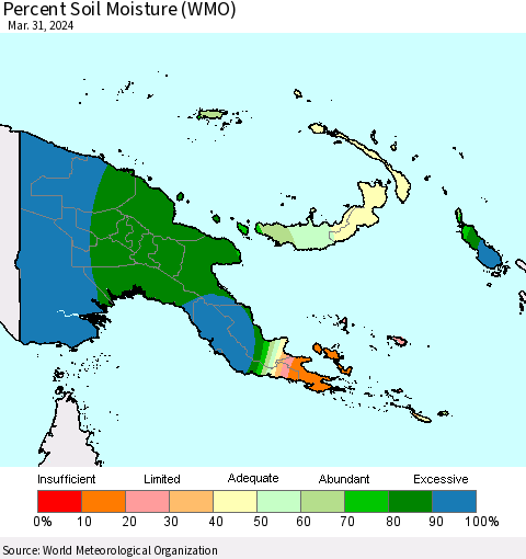 Papua New Guinea Percent Soil Moisture (WMO) Thematic Map For 3/25/2024 - 3/31/2024