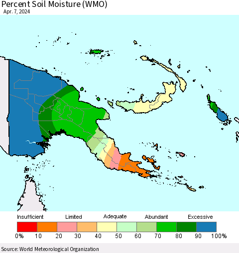 Papua New Guinea Percent Soil Moisture (WMO) Thematic Map For 4/1/2024 - 4/7/2024