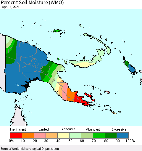 Papua New Guinea Percent Soil Moisture (WMO) Thematic Map For 4/8/2024 - 4/14/2024
