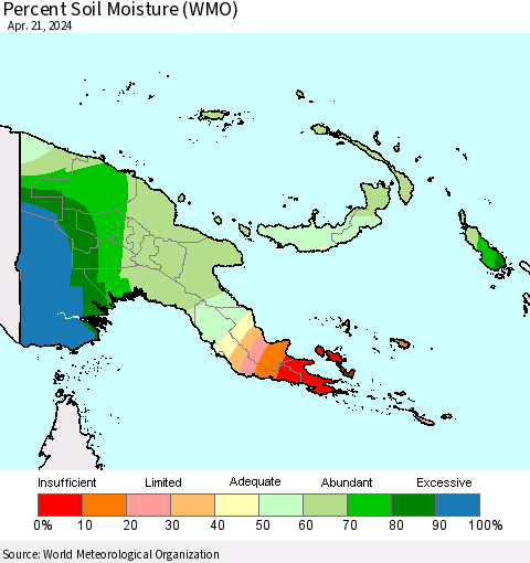 Papua New Guinea Percent Soil Moisture (WMO) Thematic Map For 4/15/2024 - 4/21/2024