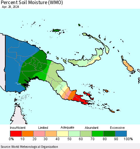 Papua New Guinea Percent Soil Moisture (WMO) Thematic Map For 4/22/2024 - 4/28/2024