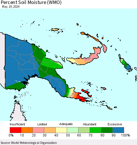 Papua New Guinea Percent Soil Moisture (WMO) Thematic Map For 5/13/2024 - 5/19/2024