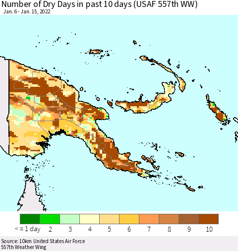Papua New Guinea Number of Dry Days in past 10 days (USAF 557th WW) Thematic Map For 1/11/2022 - 1/15/2022