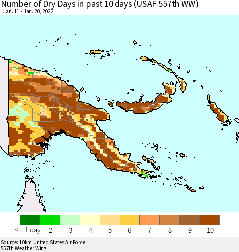 Papua New Guinea Number of Dry Days in past 10 days (USAF 557th WW) Thematic Map For 1/16/2022 - 1/20/2022