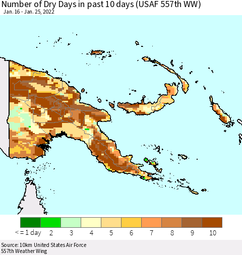 Papua New Guinea Number of Dry Days in past 10 days (USAF 557th WW) Thematic Map For 1/21/2022 - 1/25/2022