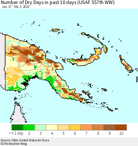 Papua New Guinea Number of Dry Days in past 10 days (USAF 557th WW) Thematic Map For 2/1/2022 - 2/5/2022