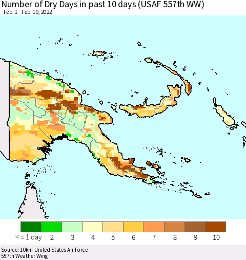 Papua New Guinea Number of Dry Days in past 10 days (USAF 557th WW) Thematic Map For 2/6/2022 - 2/10/2022