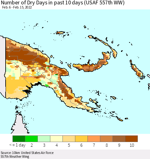 Papua New Guinea Number of Dry Days in past 10 days (USAF 557th WW) Thematic Map For 2/11/2022 - 2/15/2022