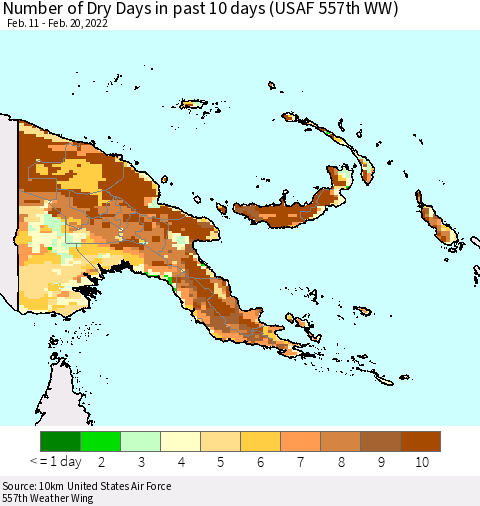 Papua New Guinea Number of Dry Days in past 10 days (USAF 557th WW) Thematic Map For 2/16/2022 - 2/20/2022