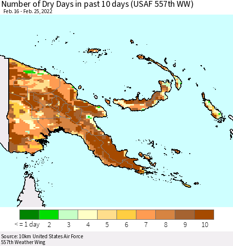 Papua New Guinea Number of Dry Days in past 10 days (USAF 557th WW) Thematic Map For 2/21/2022 - 2/25/2022