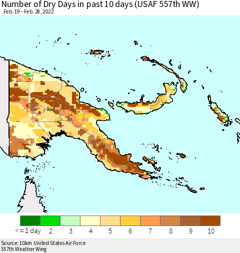 Papua New Guinea Number of Dry Days in past 10 days (USAF 557th WW) Thematic Map For 2/26/2022 - 2/28/2022