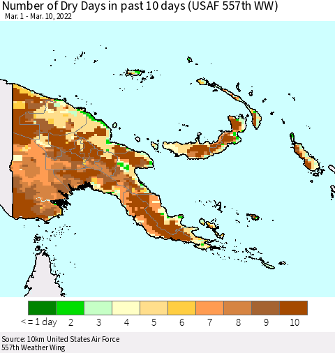Papua New Guinea Number of Dry Days in past 10 days (USAF 557th WW) Thematic Map For 3/6/2022 - 3/10/2022