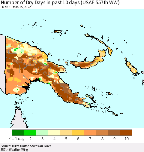 Papua New Guinea Number of Dry Days in past 10 days (USAF 557th WW) Thematic Map For 3/11/2022 - 3/15/2022