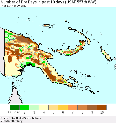 Papua New Guinea Number of Dry Days in past 10 days (USAF 557th WW) Thematic Map For 3/16/2022 - 3/20/2022