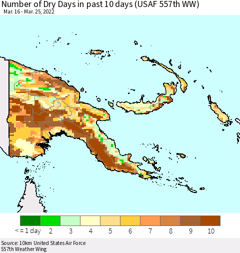 Papua New Guinea Number of Dry Days in past 10 days (USAF 557th WW) Thematic Map For 3/21/2022 - 3/25/2022
