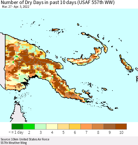 Papua New Guinea Number of Dry Days in past 10 days (USAF 557th WW) Thematic Map For 4/1/2022 - 4/5/2022