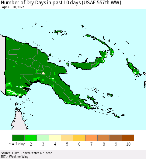 Papua New Guinea Number of Dry Days in past 10 days (USAF 557th WW) Thematic Map For 4/6/2022 - 4/10/2022