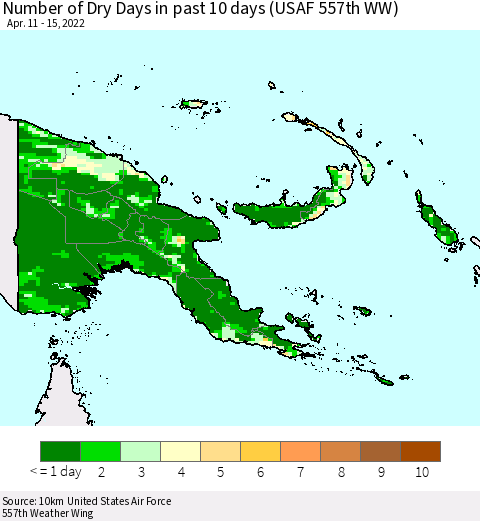 Papua New Guinea Number of Dry Days in past 10 days (USAF 557th WW) Thematic Map For 4/11/2022 - 4/15/2022