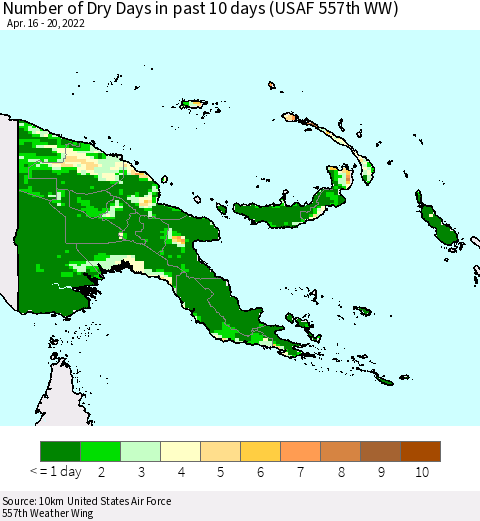 Papua New Guinea Number of Dry Days in past 10 days (USAF 557th WW) Thematic Map For 4/16/2022 - 4/20/2022