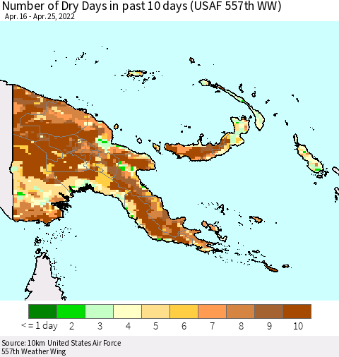 Papua New Guinea Number of Dry Days in past 10 days (USAF 557th WW) Thematic Map For 4/21/2022 - 4/25/2022