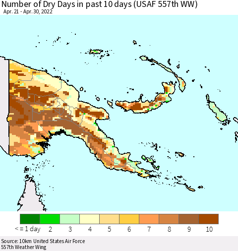 Papua New Guinea Number of Dry Days in past 10 days (USAF 557th WW) Thematic Map For 4/26/2022 - 4/30/2022