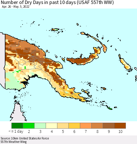 Papua New Guinea Number of Dry Days in past 10 days (USAF 557th WW) Thematic Map For 5/1/2022 - 5/5/2022