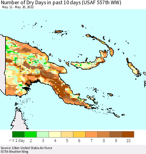 Papua New Guinea Number of Dry Days in past 10 days (USAF 557th WW) Thematic Map For 5/16/2022 - 5/20/2022