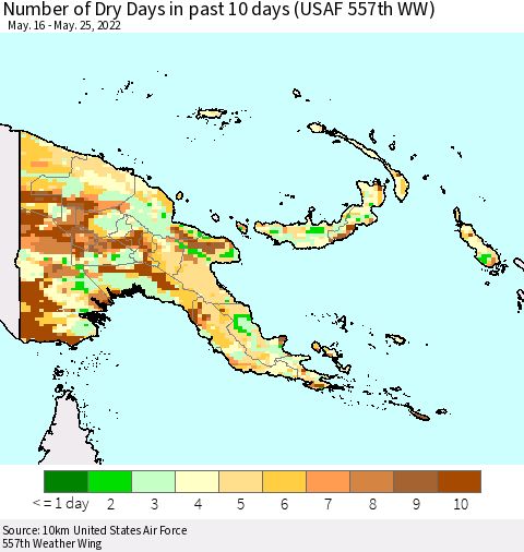 Papua New Guinea Number of Dry Days in past 10 days (USAF 557th WW) Thematic Map For 5/21/2022 - 5/25/2022