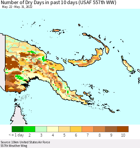 Papua New Guinea Number of Dry Days in past 10 days (USAF 557th WW) Thematic Map For 5/26/2022 - 5/31/2022