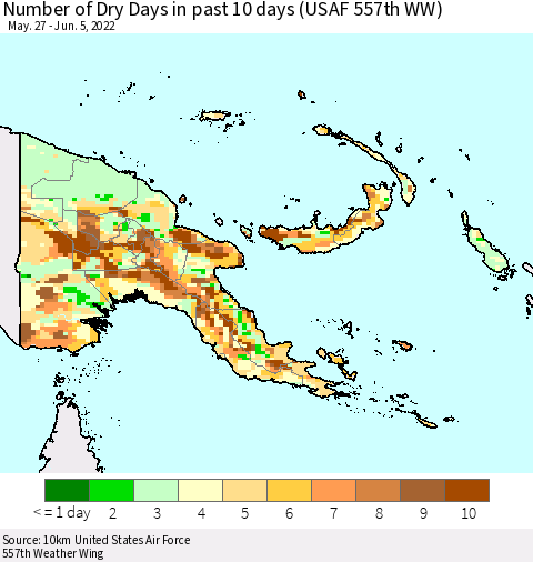Papua New Guinea Number of Dry Days in past 10 days (USAF 557th WW) Thematic Map For 6/1/2022 - 6/5/2022