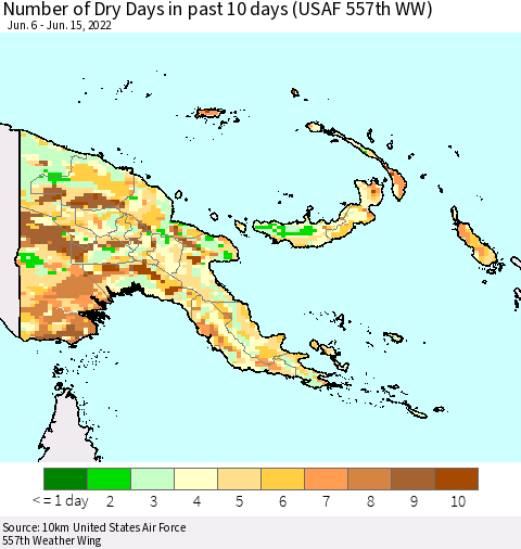 Papua New Guinea Number of Dry Days in past 10 days (USAF 557th WW) Thematic Map For 6/11/2022 - 6/15/2022