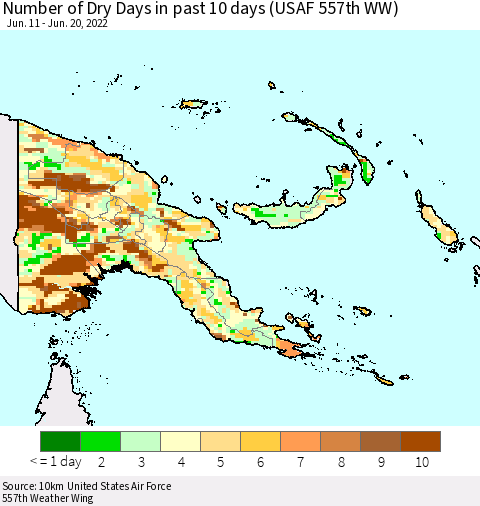 Papua New Guinea Number of Dry Days in past 10 days (USAF 557th WW) Thematic Map For 6/16/2022 - 6/20/2022