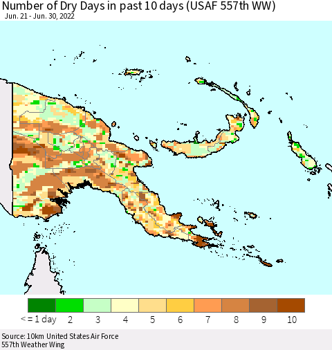 Papua New Guinea Number of Dry Days in past 10 days (USAF 557th WW) Thematic Map For 6/26/2022 - 6/30/2022