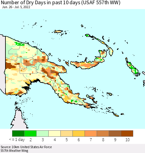 Papua New Guinea Number of Dry Days in past 10 days (USAF 557th WW) Thematic Map For 7/1/2022 - 7/5/2022
