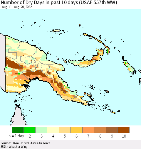 Papua New Guinea Number of Dry Days in past 10 days (USAF 557th WW) Thematic Map For 8/16/2022 - 8/20/2022