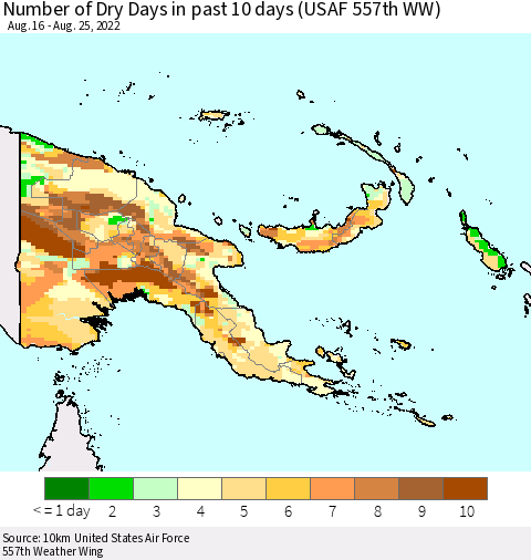 Papua New Guinea Number of Dry Days in past 10 days (USAF 557th WW) Thematic Map For 8/21/2022 - 8/25/2022